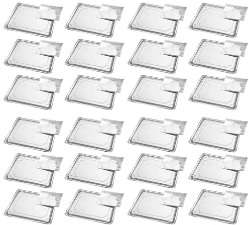 Acan Tradineur - Pack de 24 bandejas rectangulares de cartón con blonda, Fuente reciclable para Pasteles con Encaje de Papel, decoración de Fiestas, presentación de postres (Plata - 34 x 42 cm)