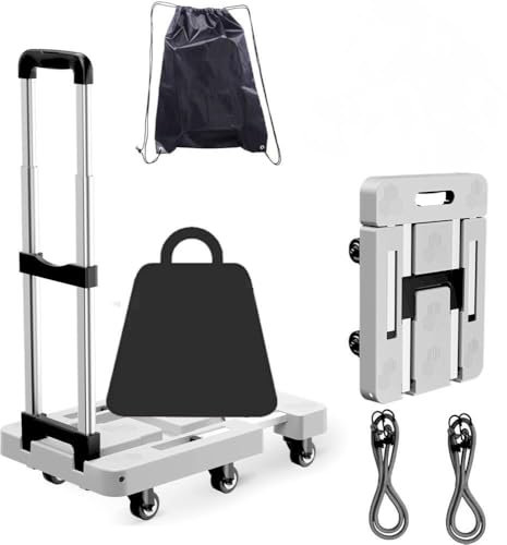 Folding Hand Truck, 6-Wheel Heavy Duty Trolley, 500 lbs Capacity, Adjustable Handle & Base, Portable Dolly for Moving, Office & Travel – Includes 2 Ropes & Storage Bag (Gray)
