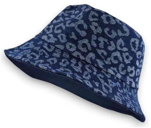 styleBREAKER Damen Wendehut Denim Leoparden Print, Dunkelblau