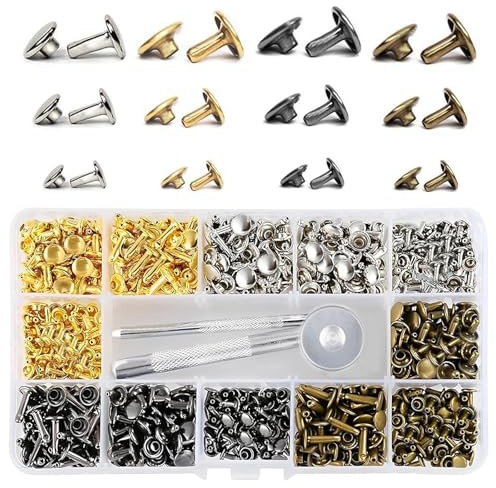 180 Sets Rivets for Leather, 3 Sizes Leather Rivets Kit Metal Double Cap Tubular Studs Rivet with Fixing Tool Kit for Bag Making