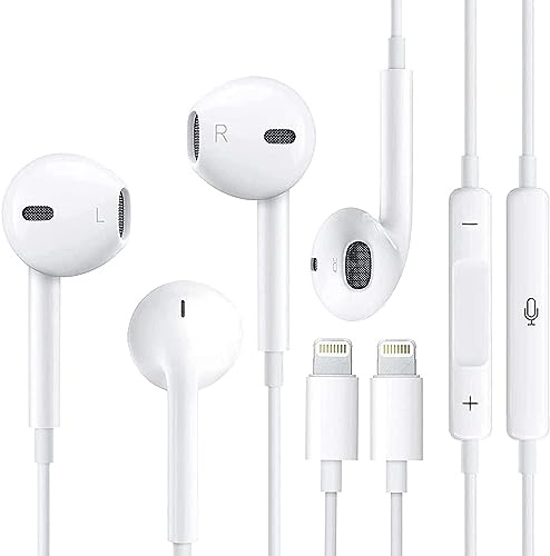 Lot de 2 écouteurs intra-auriculaires filaires pour iPhone [certifié Apple MFi] Écouteurs stéréo haute fidélité avec isolation du bruit avec microphone 2 P+, écouteurs de contrôle du volume
