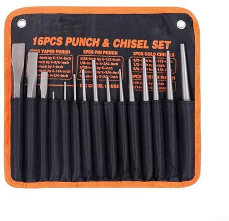 Lot de 12 poinçons à main et burins en métal avec étui de rangement à suspendre - Outils de poinçonnage à froid plat pour le travail du métal, le marquage des projets de menuiserie