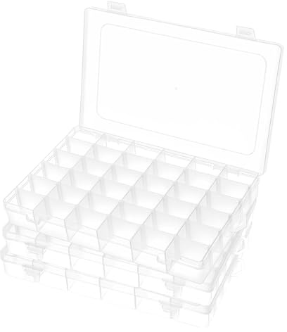Woobroo 3 Pack 36 Compartment Storage Boxes with Adjustable Dividers – Transparent Stackable Plastic Organiser Box for Beads, DIY Crafts, Jewellery, Fishing Tackle & Small Parts