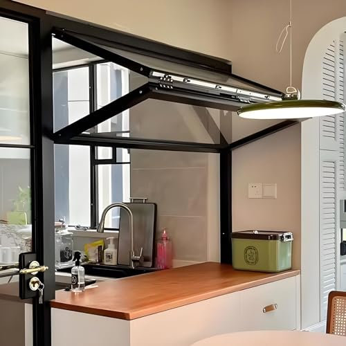 Ventana corrediza plegable con cerradura para concesiones, marco de aluminio, ventana de servicio vertical de guillotina doble, vidrio templado de 5 mm, montaje empotrado para food trucks(WxH: 32x36in