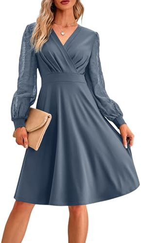 MAYFASEY Women's Long Sleeve Dress V Neck A Line High Waist Midi Dresses | Casual Loose Swing Knee Length Cocktail Dress