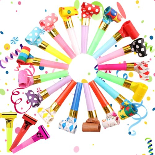 WUSJCOF 20 piezas Matasuegras y Silbatos divertidos para Fiestas, Silbatos de Papel Blow Outs para Niños, Fiestas de Cumpleaños, Bodas, Eventos Deportivos, Guarderías (Colores mixtos)