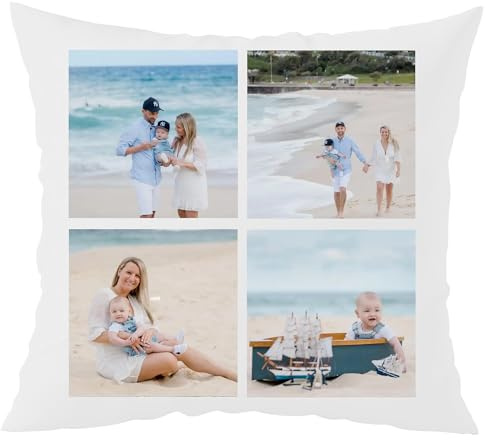 Larilotte Personalisiertes Kissen mit Foto Bedrucken Lassen, Fotokissen Fotokissen mit 4 Fotos 50x50 cm Weiß, Kissen mit eigenem Bild & Text selbst gestalten, mit Füllung optional