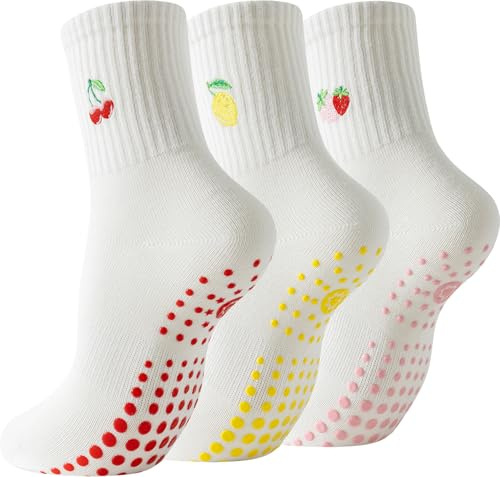 BONANGEL Pilates Socken Rutschfeste Socken Damen 36-40 Yoga Socken | Baumwolle Antirutschsocken Yoga mit Gestickten Fruchtmustern Fitness Gymnastik Stoppersocken für Frauen 3 Paar