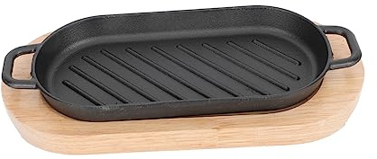 Didiseaon Non-Stick Cast Iron Steak Plate 22x11cm Wooden Base, Teppanyaki Grill Pan for Grilled Fish and Barbecue, Mini Rectangular Roasting Tray 2cm Deep for Commercial and Home Use