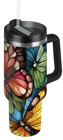 Bottiglia d'acqua riutilizzabile in vetro colorato a forma di farfalla con manico con coperchio con cannuccia, tazza da caffè decorativa da viaggio per scuola, sport, asilo nido, campeggio e altro