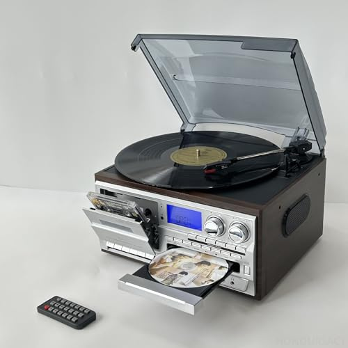 Phonographe Haut-Parleur Bluetooth avec Radio AM/FM, Lecteur de Platine Vinyle rétro 10 en 1, CD/Cassette, Gramophone Classique