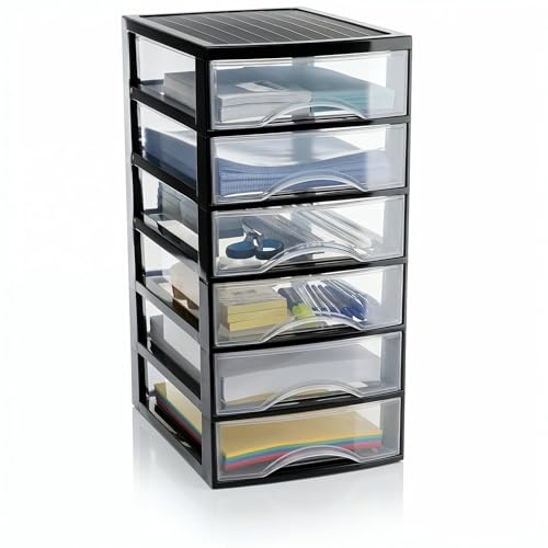 Hausfelder Schubladenbox A4, 6 Schubladen, Schwarz Transparent