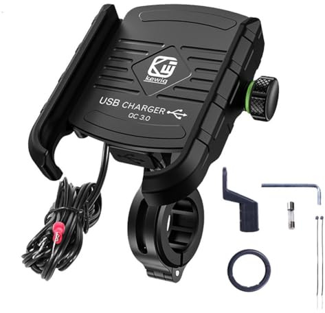 FUANA Supporto per telefono da moto con ricarica rapida USB-C 18 W e caricabatterie wireless da 15 W, compatibile con telefoni da 3,5 a 6,5 pollici, supporto per manubrio da 22 mm/25,4 mm, nero
