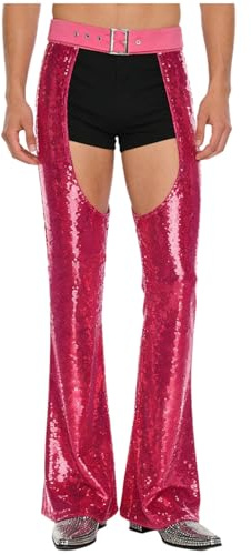 Oyolan Retro Disco Mens Glittery Sequin Bell Bottom Pants Bottomless Jodhpurs Party Costume Trousers Hot Pink X-Large