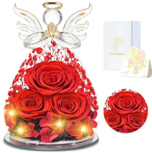 YiHuaHua Ewige Rose Engel Geschenke für Mama, Geburtstagsgeschenk für Frauen, Engel Figur Mutter Oma Freundin Geschenk Valentinstag Jahrestag Sie, Geschenk Muttertag Ewige Blume mit LED-Beleuchtung