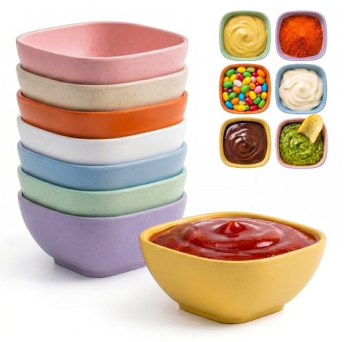 Wrova Reusable Dipping Bowls 5oz - Set of 8 Unbreakable Plastic Mini Bowls Microwave and Dishwasher Safe Dip Bowls for Dessert, Soy Sauce Dish, Ketchup, Condiment - Colorful