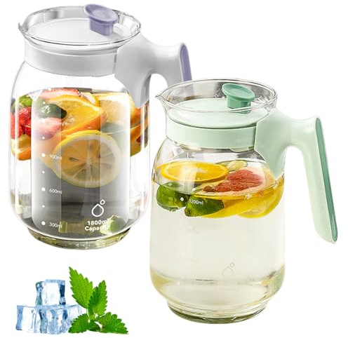 Juego de 2 jarras de cristal con tapa, 1,8 litros, jarra de agua, jarra de cristal para bebidas calientes y frías, zumos, té helado, té, leche, bebidas, jarra con filtro
