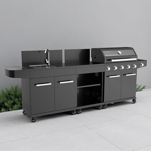 BS COM Barbecue a gas 4 fuochi in acciaio con griglia scaldavivande su ruote - SELENVIA Nero