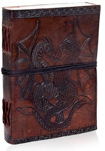AzureGreen DOUBLE DRAGON Blank Page BOOK Handcrafted Leather Writing Unlined 5 x 7 JOURNAL (Brown)