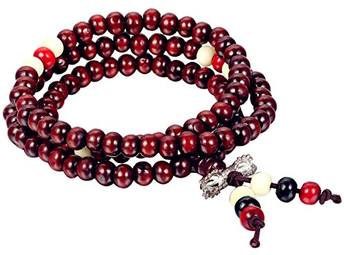 Flongo 8mm Holz Armband Link Handgelenk Halskette Kette Tibetische Buddhist Buddhistischen Rot Weiss Schwarz Sandelholz Kugel Perle Perlen Gebet Buddha Gebet Mala Elastisch Herren,Damen