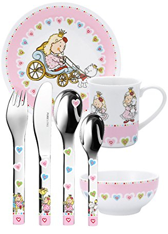 Puresigns ONE Nelia Kindergeschirr Prinzessin Porzellan Kinderbesteck Edelstahl Poliert Silber 7-teilig
