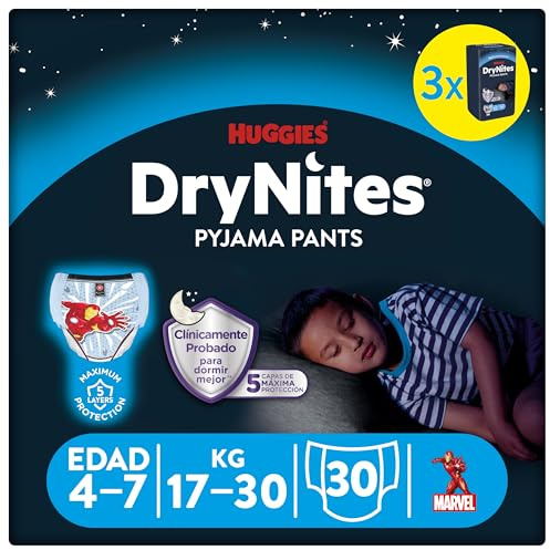 Huggies DryNites Pañales de Noche para Niño 4-7 (17-30 kg), Clínicamente Probado con 5 Capas de Máxima Protección Nocturna, 3 Packs de 10, Total 30 Bragas Absorbentes