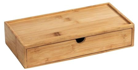 WENKO Scatola Terra - in bambù - con cassetto a scomparsa - per bagno, cucina e corridoio - per riporre gioielli, cosmetici, penne, smartphone, occhiali - dimensioni (L x A x P): 28 x 6 x 14 cm