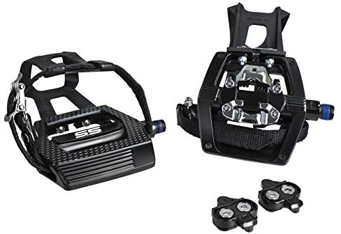 BV Bike Pedals Shimano SPD/Look Delta Compatible 9/16'' with Toe Clips - Peloton Pedals for Regular Shoes - Toe Cages for Peloton Bike - Exercise Bike Pedals - Universal Fit Bicycle Pedal