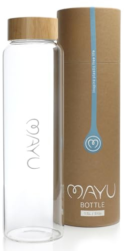 mayu Water Wasserflasche, Borosilikatglas, Bambusdeckel, 1,5 Liter | Integriertes Sieb, Bambus-Deckel, BPA-frei, auslaufsicher, umweltfreundlich, ideal für Wasser, Tee & Infused Water