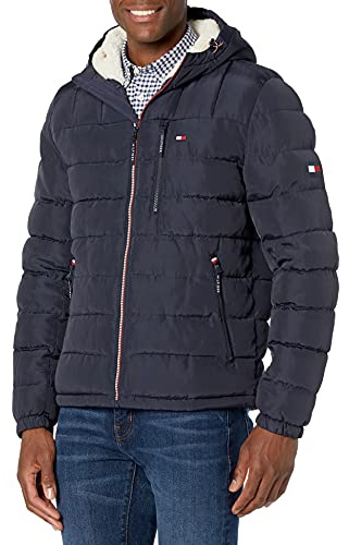 Tommy Hilfiger mittelschwere wasserabweisende Pufferjacke für Herren mit Sherpa-Futter und Kapuze, Midnight Tech, M