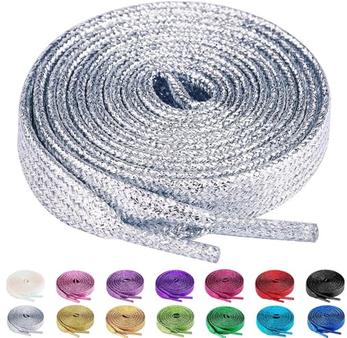 Olukssck 2 Paires Lacets Plats Pailletés, Lacets de Rechange pour Baskets | Brillantes Métalliques, 10mm de Large pour Chaussures Sport, Course, Sneakers, Bottes, 15 Couleurs, 80-160cm Longueur