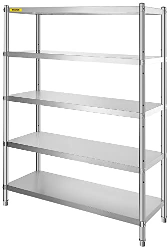 VEVOR Scaffalatura in acciaio inox, 122 x 47 cm, 5 ripiani, regolabile, in acciaio inox, resistente, per cucina, ufficio, garage, 150 kg per ripiano