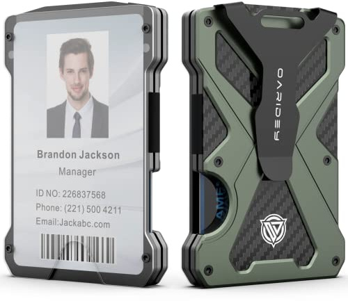 Minimalistische Geldbörse für Herren: Schlanke Geldklammer aus Aluminium mit transparentem Ausweishalter, Kohlefaser-Geldbörse, RFID-Blockierung, hält bis zu 15 Karten mit Geldklammer, ultradünne
