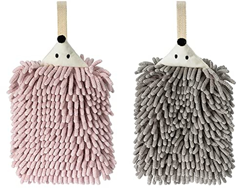 RPEIXYA Süßes Kinderhandtuch 2 Stücke Chenille-Handtücher für Kinder Weiche saugfähige Handtuch Badetuch Set Aufhängen Schnell Trocknende Handtücher für Kindergarten,Badezimmer,Küche (rosa+grau)