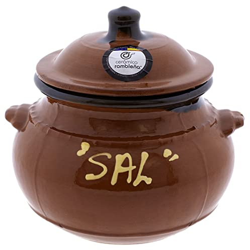 CERÁMICA RAMBLEÑA | Salero de Cocina Con Tapa | Cerámica Original | Barro Rojo Tradicional | 100% Decorado a Mano | 14x14x15 cm