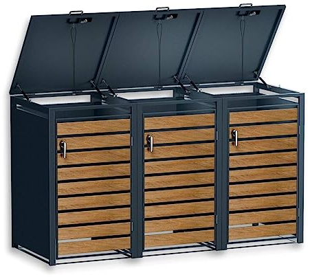 Metzler Mülltonnenbox 3er 240L 240L aus Holz und Edelstahl in Anthrazit | 3 Tonnen | wetterfest | Container | Abfallbehälter | Tonnenhaus | gartenbox | abschließbar | Gartenbox | Müllbox