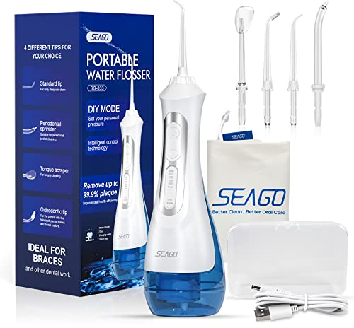 Seago Hydropulseur Jet Dentaire Portable, Detartreur Dentaire Professionnel, DIY Modes, IPX7 Etanche, 5 Buses à Jet, USB Rechargeable, Jet Dentaire pour la Maison et les Voyages (Blanc)
