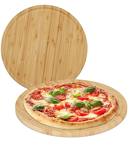 Relaxdays Bambus Pizzateller im 2er Set Pack 2 Tablas Pizza, Bambú Natural, Ø 32 cm, Platos Redondos Servir y Cortar, Tableros Madera Quesos, 32 Centimeters cm