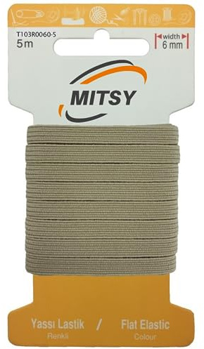 MITSY Bande élastique indéchirable à coudre - Largeur : 6 mm - 5 m - Beige - Solide - Pour pantalons, maison, bricolage, artisanat, tissus à coudre