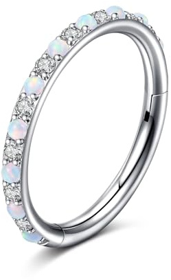 WillTen 16G Nasenpiercing Ring Silber, 8mm CZ Opal Septum Piercing Chirurgenstahl Scharnier Klicker Segment Nase Ringe Knorpel Helix Tragus Conch Rook Piercing Schmuck für Frauen Mädchen