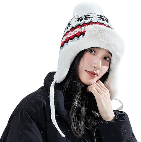 YJZQ Mütze Damen Strickmütze mit Kunstpelz Bommel Wintermütze Warm Winddichte Verdickte Skimütze Doppellagig Gefütterte Beanie Mütze Kunstpelz