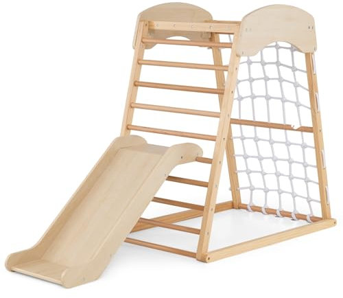 DREAMADE 5 in 1 Kletterdreieck mit Rutsche & Kletternetz & Kletterleiter & Pull Up Bar & Tunnel, Kinder Spielplatz Indoor Klettergerüst aus Holz zum Rutschen & Klettern für Kinder ab 1 Jahr (Natur)