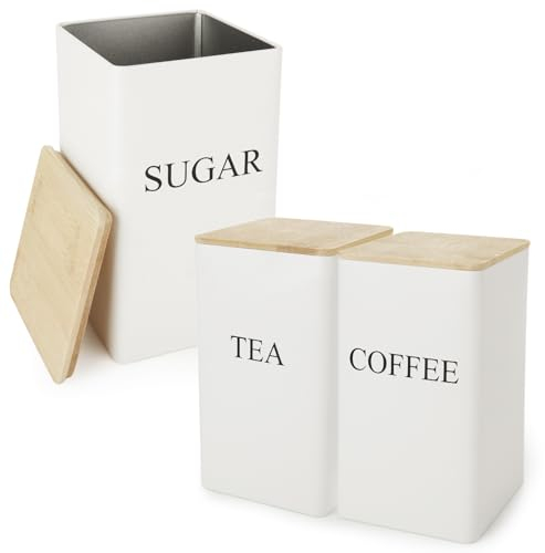 GBSCHOOSE 3 Pcs Tea Coffee Sugar Canisters, Tea Sugar Coffee Canister Set with Bamboo Lids Kitchen Storage, Metal Storage Container Jar for Coffee Beans Granules Teabags Sugar, 8.5x8.5x15CM (White)
