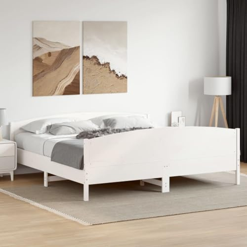 vidaXL Sängram med huvudgavel vit 200x200 cm massiv furu, säng, sovrumsmöbler, trä säng, dubbelsäng, träram, sängbotten, sängram av massivt trä
