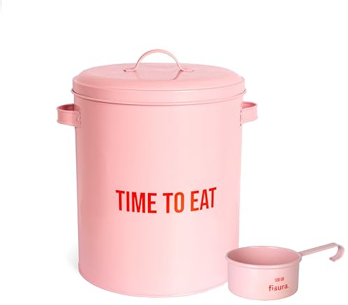 Fisura - Conteneur pour nourriture d'animaux time to eat rose. Conteneur pour croquettes avec couvercle et pelle doseuse. Conteneur pour nourriture de chiens et chats en métal. Capacité de 5 kg.