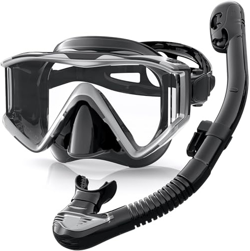 Zeligerstar Snorkel Set Adults, 3 Window Panoramic View Snorkel Mask Anti-Fog, Leak-Proof Scuba Diving Mask with Mesh Bag, Dry Top Mask and Snorkel Set for Adult and Teen