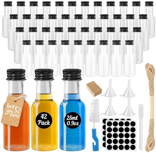 Furuising 42 Stück 25ml Mini Fläschchen Likörflaschen für Hochzeiten Party | Kleine Flaschen zum Befüllen Kunststoff, Wiederverwendbar Schnapsflaschen zum Befüllen mit Deckel, Stift, Anhänger, Trichter