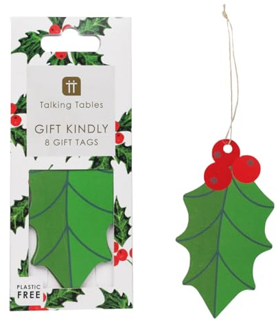 Talking Tables 8 x Holly Green Gift Tag with String for Presents, 10cm x 5.5cm Secret Santa, Christmas, Birthday, Gift, Tie on Labels with String, Leaf Designed Labels