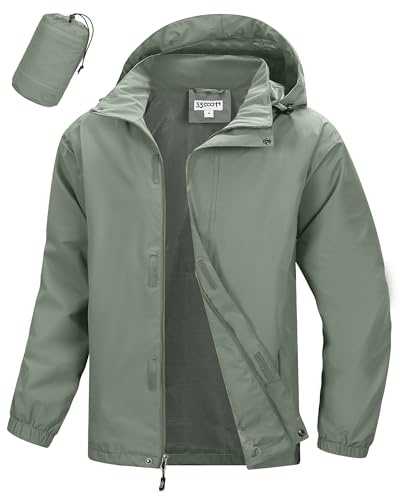 33,000ft Wasserdichte Regenjacke für Herren Atmungsaktiv Fahrrad Jacke Leichte Outdoorjacke Windjacke Regenmantel mit Kapuze Grün L
