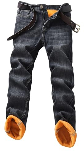 Duohropke, Pantaloni jeans da uomo a gamba dritta, in pile, fodera in fleece, jeans caldi, pantaloni da tempo libero, pantaloni termici invernali, slim fit, plüsch caldi, jeggings, Nero , M